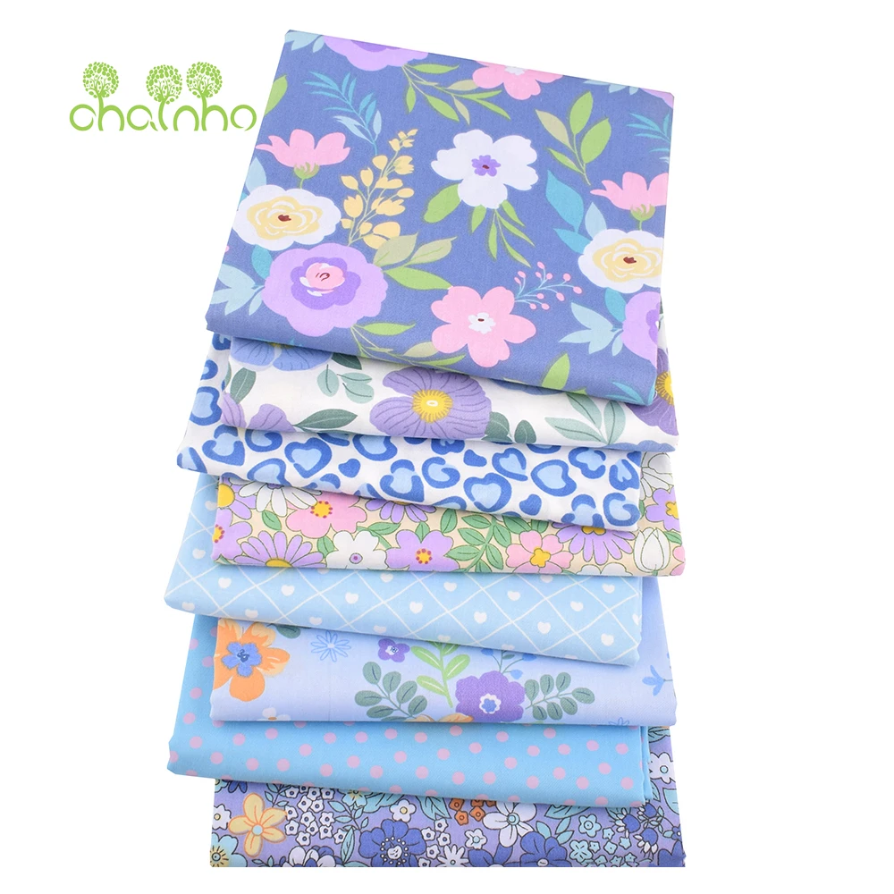 Chainho,Printed Twill Weave Cotton Fabric,Patchwork Cloth,DIY Sewing Quilting Material,Blue Flower Series,4 Specification,2C46