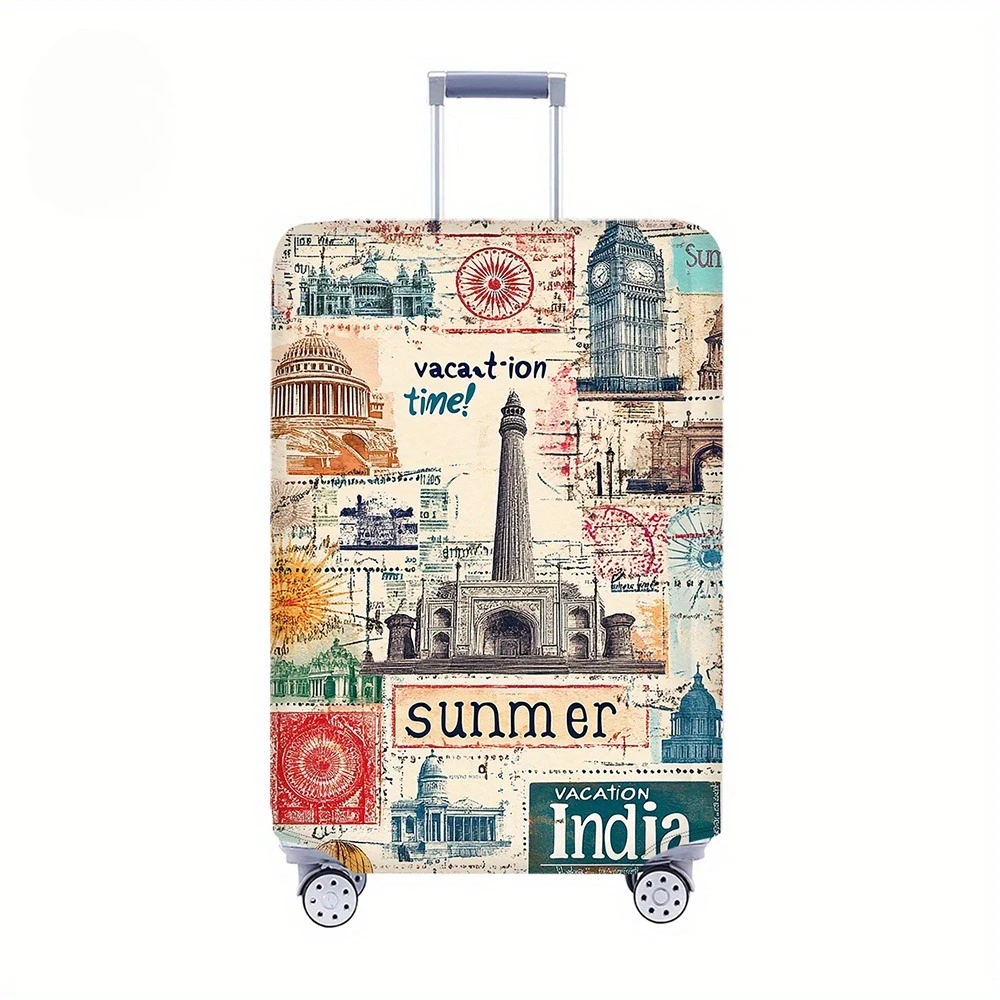 

1pc, Global Travel Collage Themed Luggage Cover. Vintage - Style Patchwork of Travel Icons. All Season.