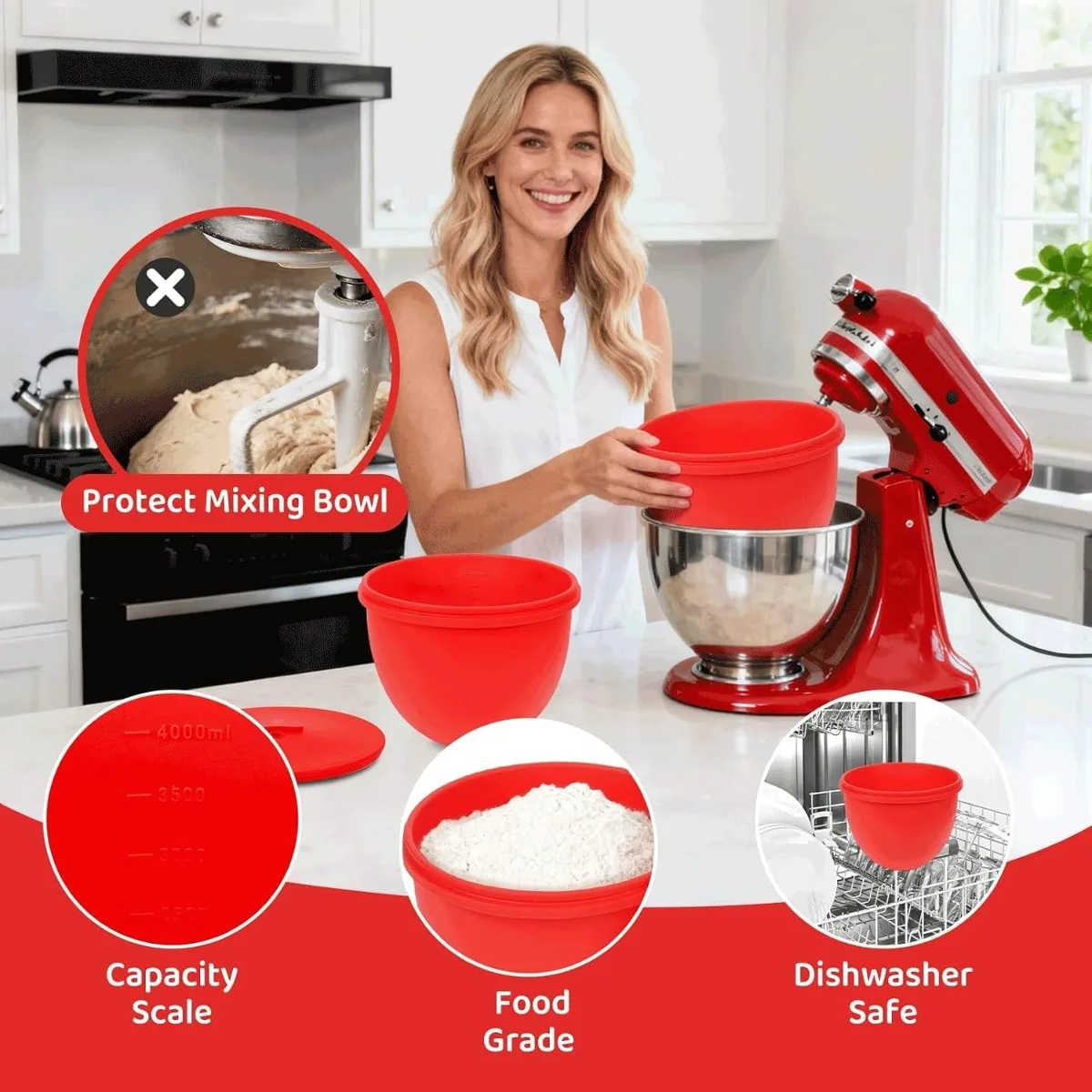 Silicone Mixer Bowl Liner with Lid Attached Stand Mixer Insert Aid Dishwasher Microwave Safe Durable Kitchen Bowl Cover Tool