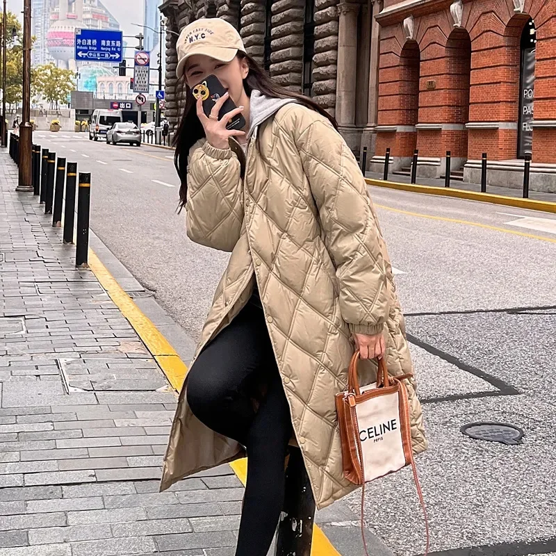 Long Over Knee Loose Jacket Diamond Grid Quilted Jacket Fake Two-Piece Parka 2025 Autumn Winter New Down Cotton Jacket Women's