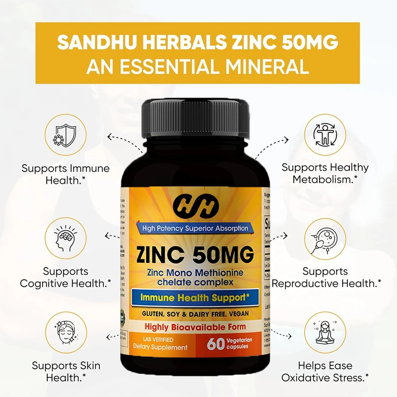 

Zinc Supplement 50mg, 60 Capsules, Vegetarian Capsules Highly Absorbed for Healthy Skin, Immune System, and Antioxidant Support
