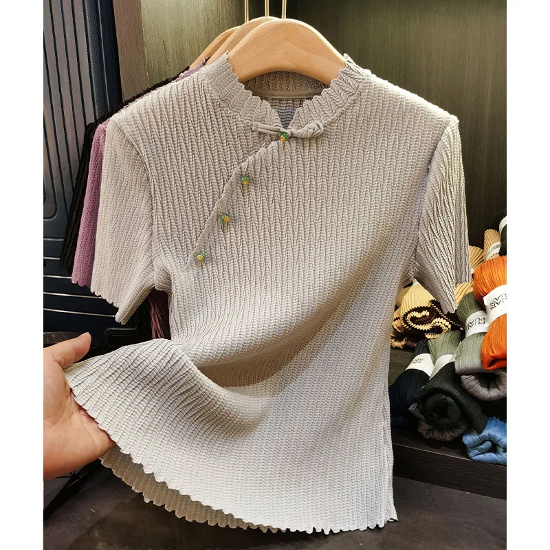 

Pleats Pleated T-shirt Senior Sense Disk Buckle Stand-up Collar Short Sleeve Pleated T-shirt Female Summer New Hundred Thin Tops