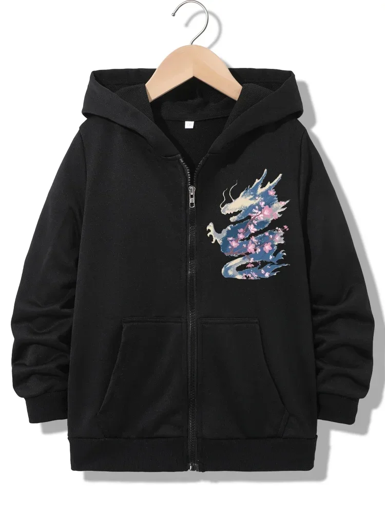 Little Girls Zipper Hooded Sweatshirt Traditional Ink Wash Dragon Sakura Pattern Long Sleeve Hooded Jacket With Front Pockets