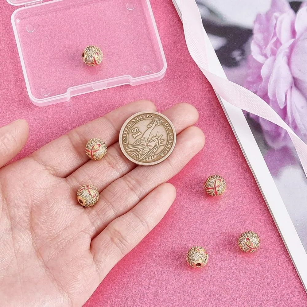 6 قطعة مايكرو تمهيد مكعب زركونيا الخرز 10 مللي متر جولة حجر الراين الخرز سرطان الثدي شريط للتوعية ثقب التصميم: 2 مللي متر