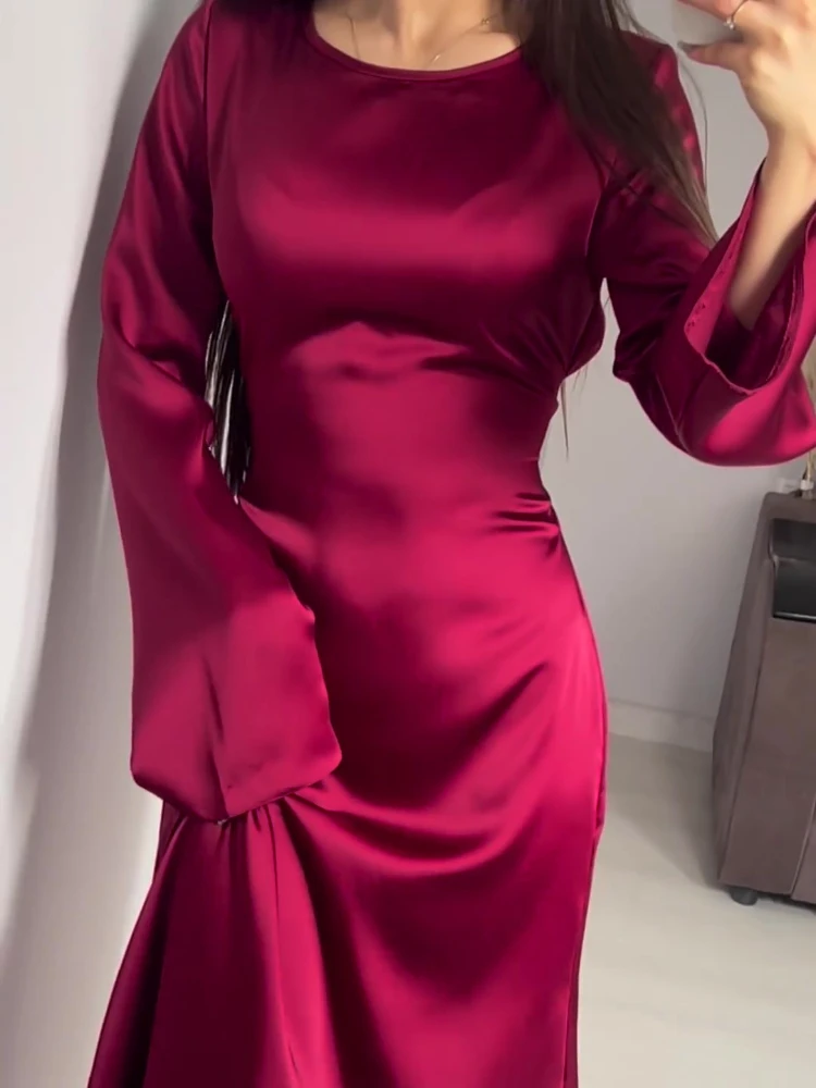 Glänzende elegante Satin hohe Taille Frauen Maxi kleid Glocken ärmel schnüren schlanke Bankett Meerjungfrau Bodycon Kleider pochen im Herbst