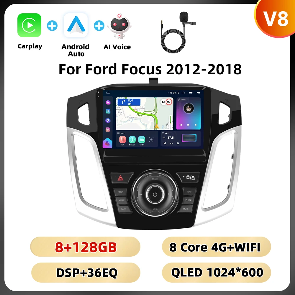 Podofo 2Din 8 + 128G Autoradio Voor Ford Focus 2012-2018 Multimedia Speler AI Voice WIFI 4G Carplay Android Auto USB Spiegel Link