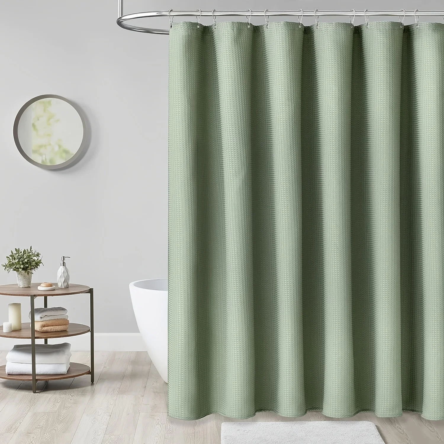 Green Shower Curtain-Waffle Textured Heavy Duty Thick Fabric Shower Curtains ,Luxury Weighted Polyester Cloth Bath Curtain Set .