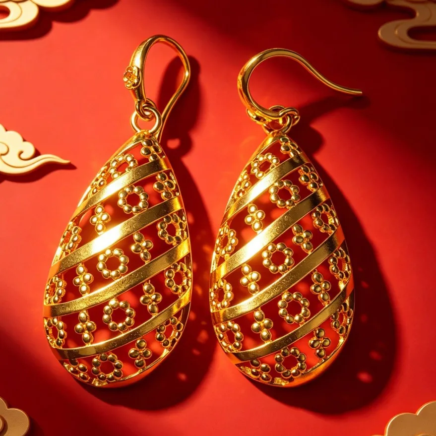 Fit for travel and casual tea parties, women's hollow teardrop earrings built with top-grade AU999 24K gold raw material