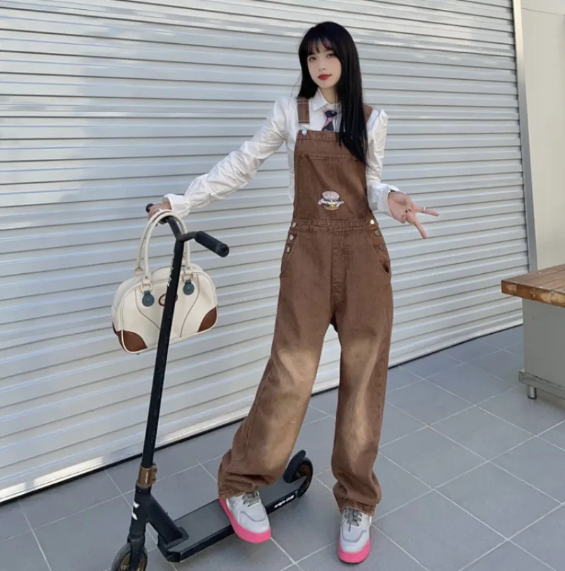 Spring New Jumpsuits Women Embroidered High Waist Straight Leg Full Length Denim Strap Pants Korean Style Casual Overalls Female