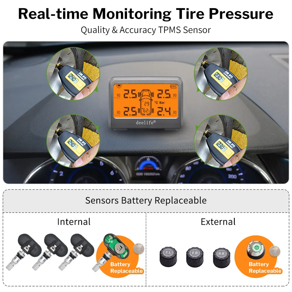 Deelife-sistema de supervisión de presión de neumáticos Solar TPMS para coche, con batería de neumático de 4 ruedas, sensores externos internos