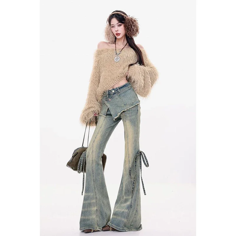 MEXZT Y2K Vintage Flare Jeans for Women Grunge Bandage Patchwork Denim Trousers High Waist Harajuku Streetwear Casual Pants