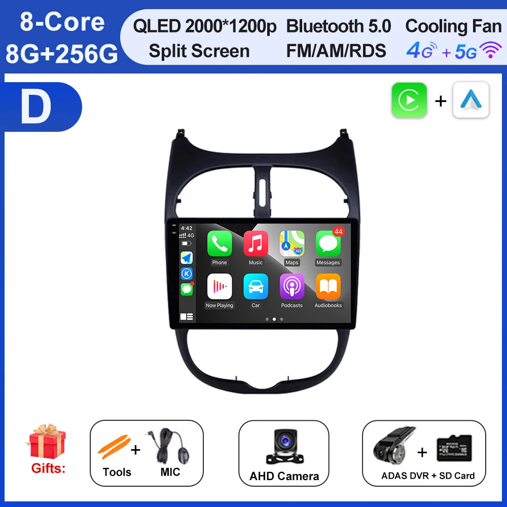 Autoradio Voor Peugeot 206 206SW 206CC 2000-2008 Android 16 Carplay Multimidia Video Player Draadloze Carplay Auto gereedschap Fan - afbeelding 1