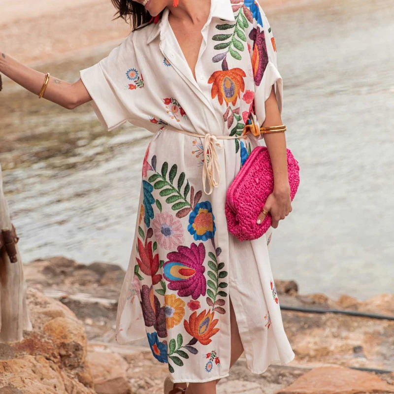 

Casual Short Sleeve Lapel Vacation Long Robes Elegant Pleated Lace Up Loose Beach Dresses Summer New Floral Printed Shirt Dress