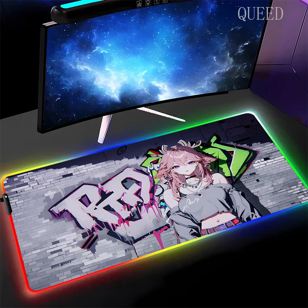 Genshin Impact Anime Girls Graffiti Big Mouse Pad Rgb Xxl Laptop Mat Gaming Mousepad Backlit Keyboard Gamer Girl Table Pads Desk