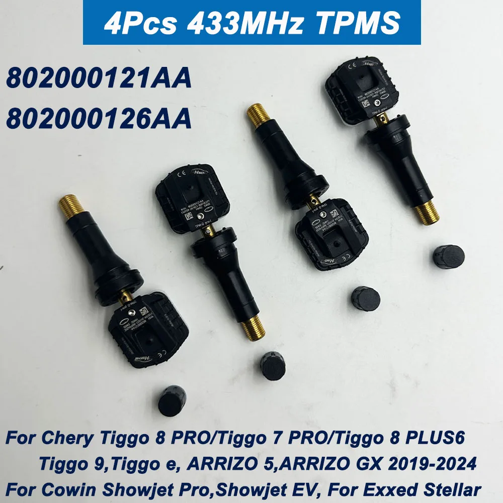 4Pcs 802000121AA, 802000126AA TPMS Tire Pressure Sensor For 2019-2024 Chery Tiggo 8 PRO,Tiggo 7 PRO,Tiggo 8 PLUS,Tiggo 9 433MHz