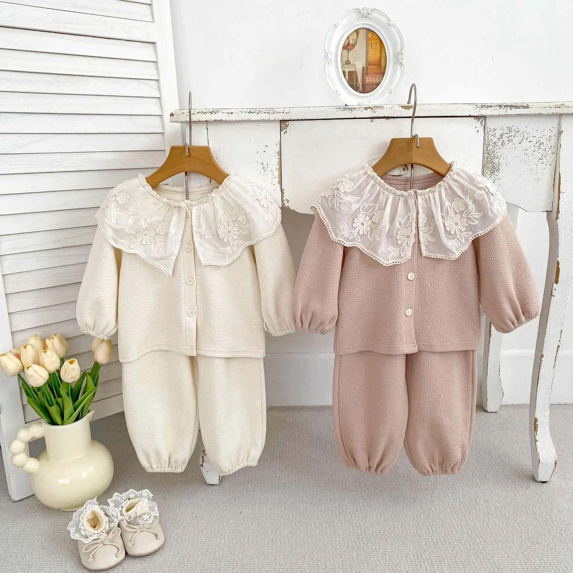 2025 Autumn New Baby Long Sleeve Clothes Set Girls Lace Collar Cardigan Tops  + Pants 2pcs Suit Kids Cotton Versatile Outfits