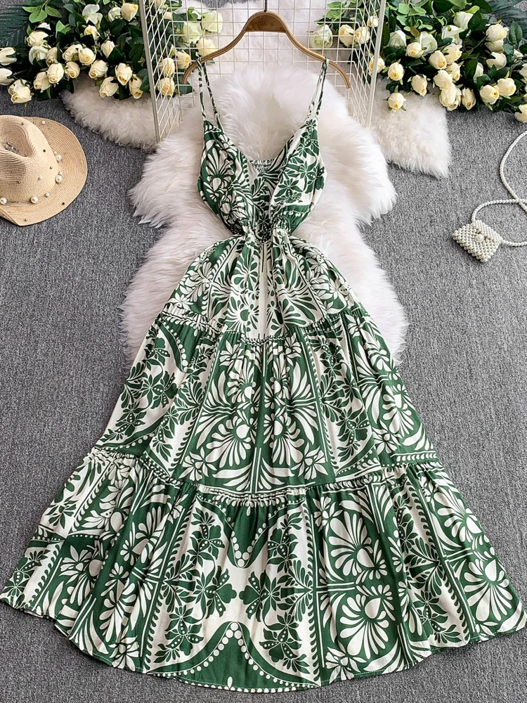 보헤미안 여성 시크 여름 플로럴 프린트 슬림 맥시 롱 드레스 캐주얼 섹시 스파게티 스트랩 비치 휴가 INS 파티 우아한 튜닉 드레스