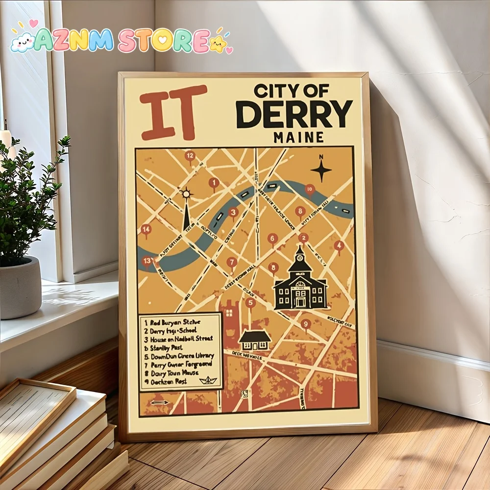 1PC 2D Flat  , Frameless, IT, Delhi City Map, Poster, Stephen King, Horror Novel Cover, Pennywise The Clown, Retro, Nostalgic