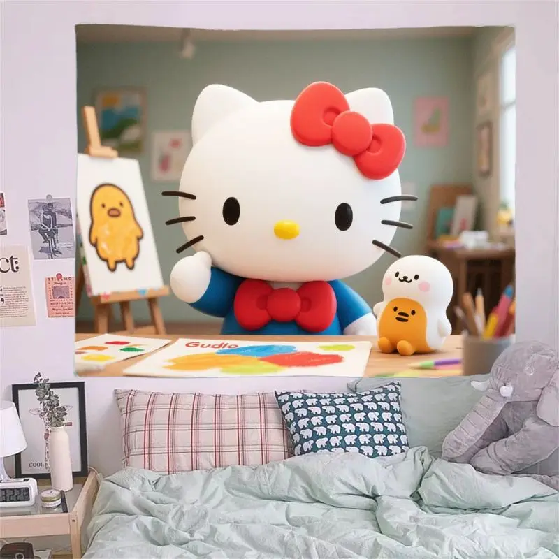 1PC Sanrio Hallo Kitty Malerei Kunst Klasse Nette Kawaii Mädchen Geschenk Tapisserie Moderne Polyester Wand Kunst Wohnzimmer Schlafzimmer Dekor