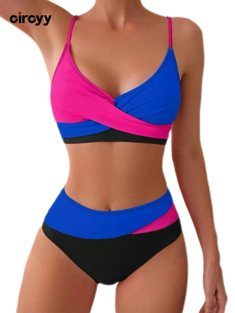 2026 Color Block Crisscross Wrap Bikini Set Spaghetti Strap High Waist Contrast Patchwork Two Piece Women Summer Bathing Suit