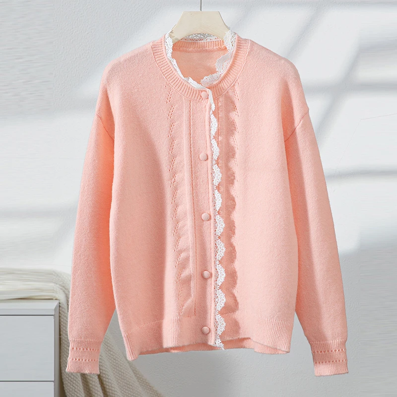 

Autumn Winter Single Breasted Knitted Sweaters for Women Elegant O Neck Patchwork Lace Tops Casual Long Sleeve Warm Jumper Mujer