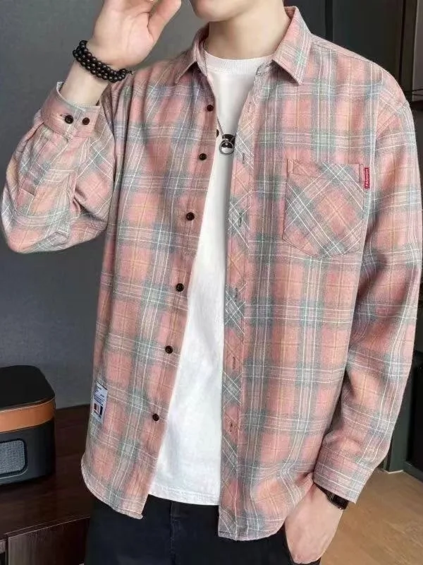 

Casual Plaid Long Sve irt Spring Autumn New Sle Trendy Brand Men's Loose Youth Clothes Button up Cardigan Stand Fit...