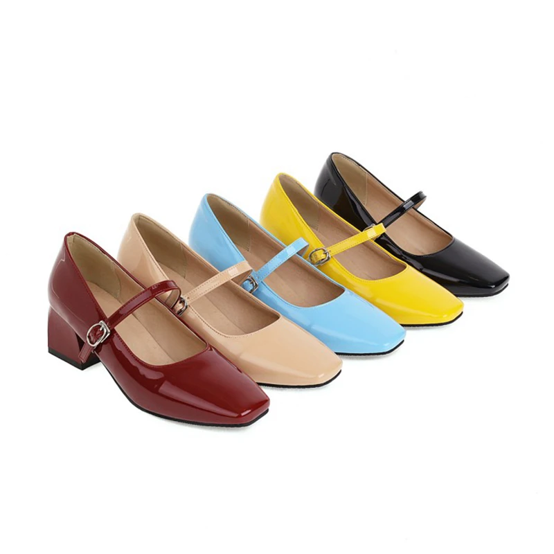 Girseaby 2024 Retro Pumps Square Toe Mary Janes Buckle Strap 5cm Chunky Heel Shoes US20 Black Red Apricot Blue Yellow A4247