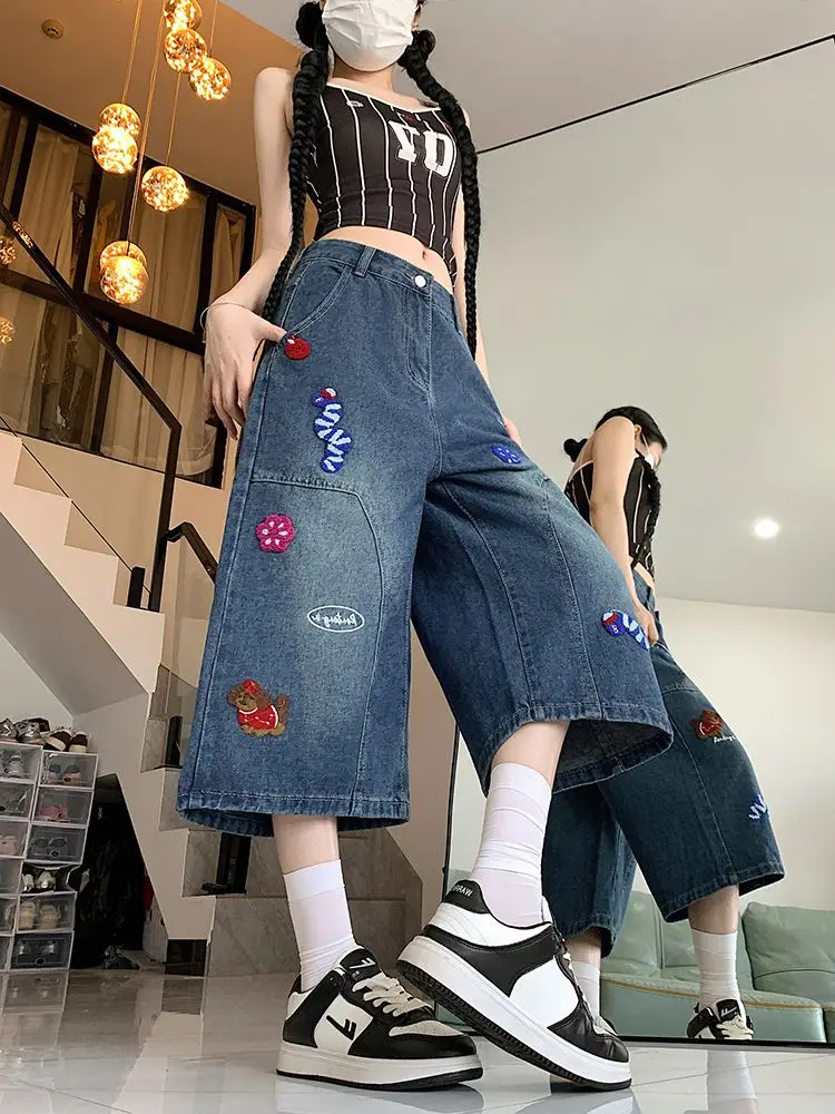 

Niche American Puppy Patch High-waist Denim Shorts Women 2025 Summer New Slimming Wide-leg Cropped Pants