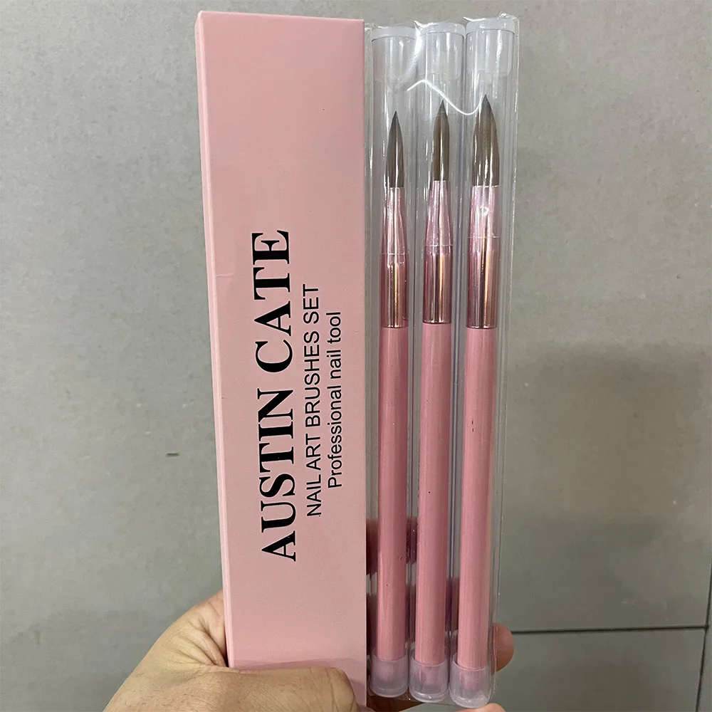 3Pcs/Set Acrylic Powder Extension Nail Brushes Pink Handle Size 8#/10#/14# Acrylic Powder Application 3D Carving Manicure Tools