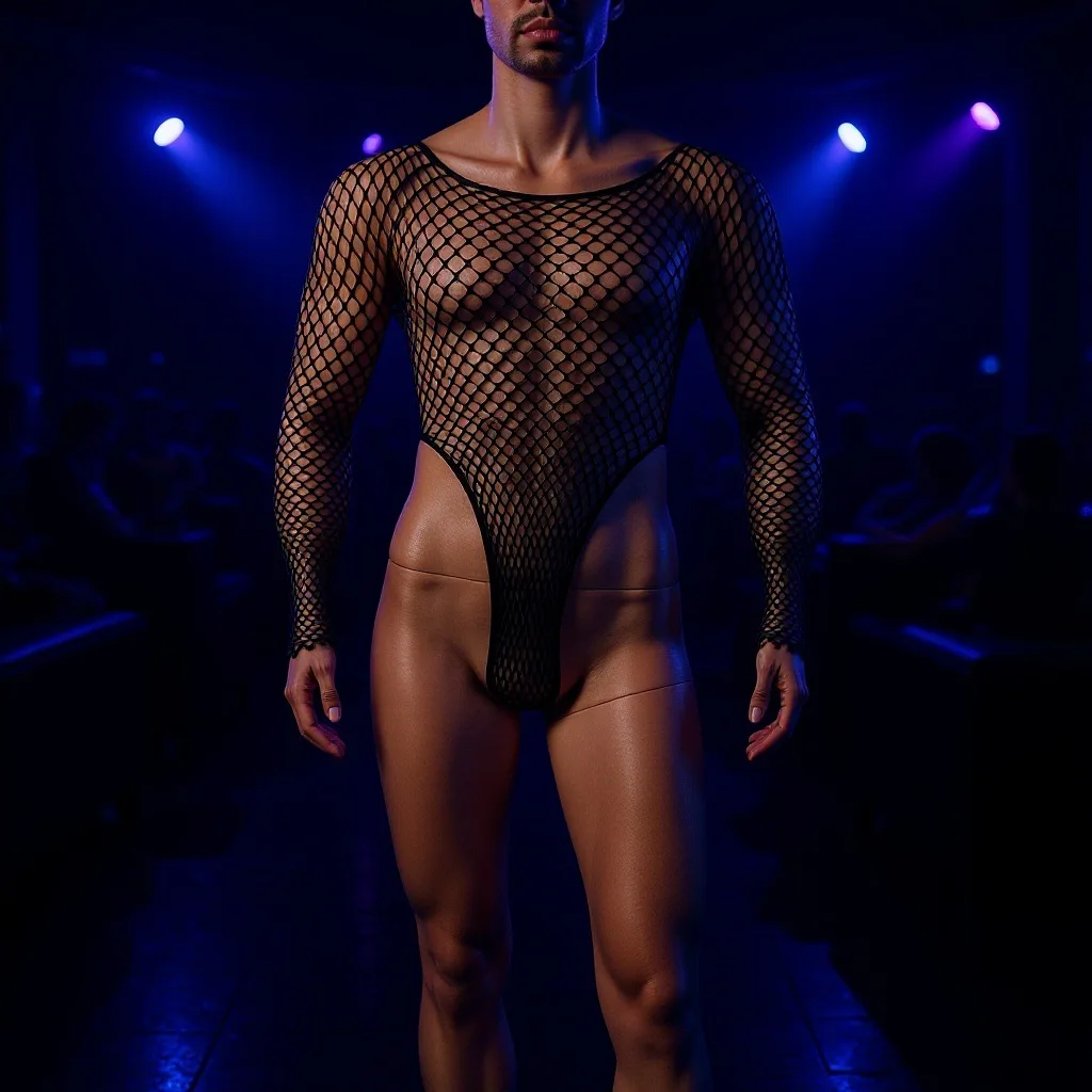 

Hot Men's Mesh Top Round Neck Long Sleeved Transparent Fishing Net Bikini Bodysuit Sexy Nightclub Performance Costumes Free Size
