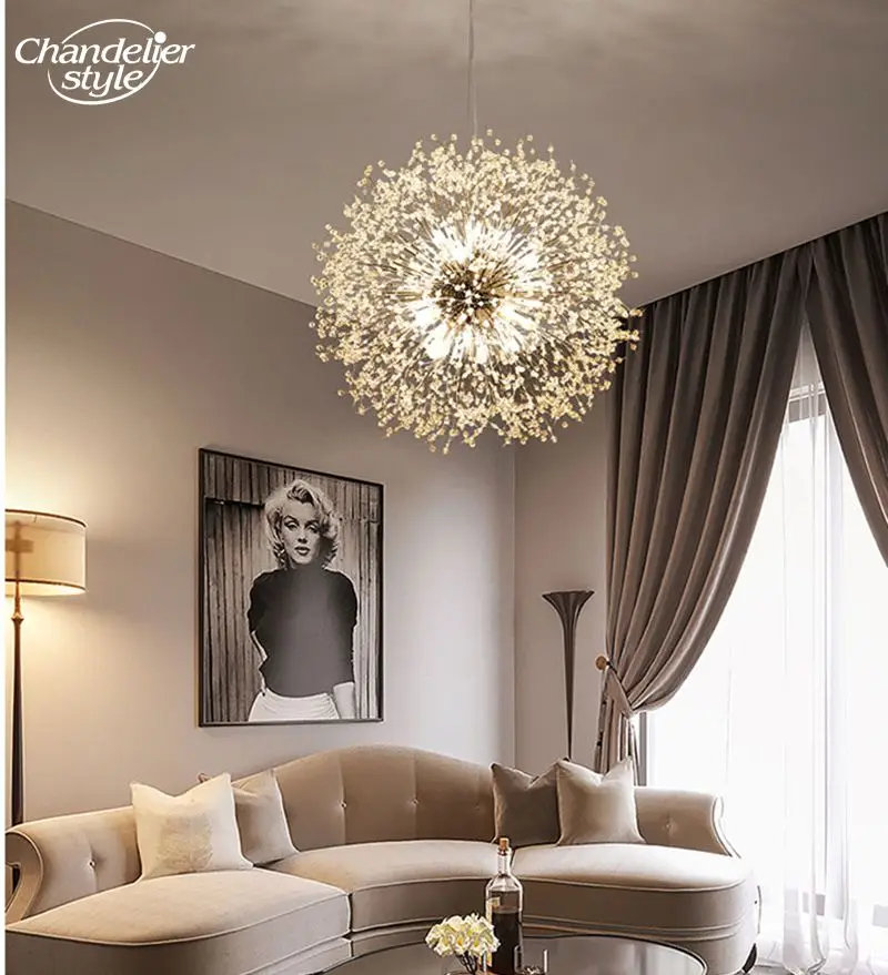 Imagem -02 - Nordic Sputnik Lustres Moderno Led Chrome Ouro Dandelion Firework Cristal Frisado Pingente Luzes Sala de Estar Quarto Lâmpadas