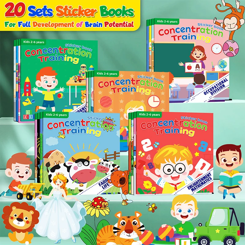 20 stili scenari bambini adesivo riutilizzabile libro cartone animato moda ragazza ragazzo prescolare cognizione educativa giocattoli di apprendimento Montessori