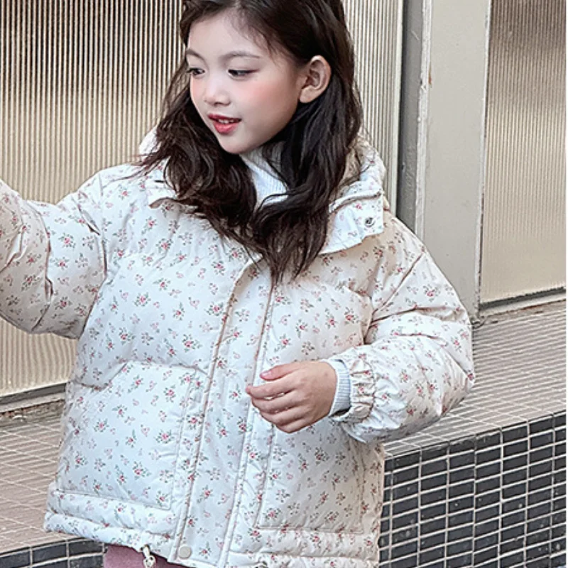 Girls Floral Cotton Hooded Zipper Coat Children Winter Clothing Thickened Baby Cotton-padded Jacket Kids Parkas