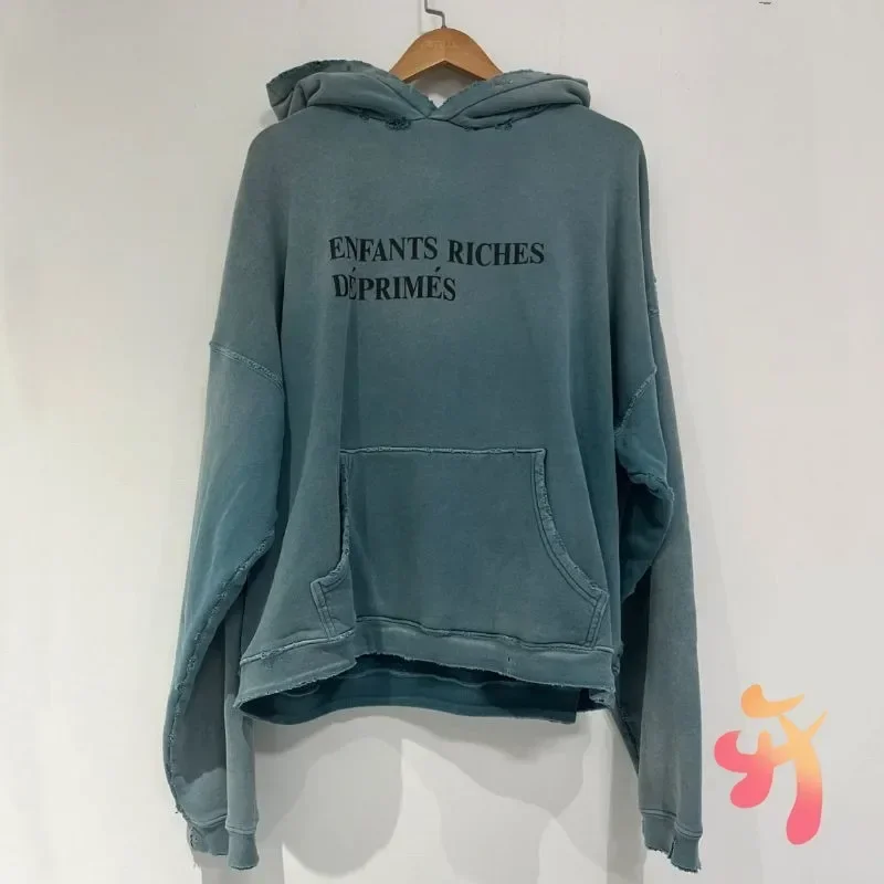 Retro Faded Blue Washed Hole ERD Hoodie Hiphop Street Cracked Letter Print Oversized Enfants Riches Deprimes Men Women Hoodys