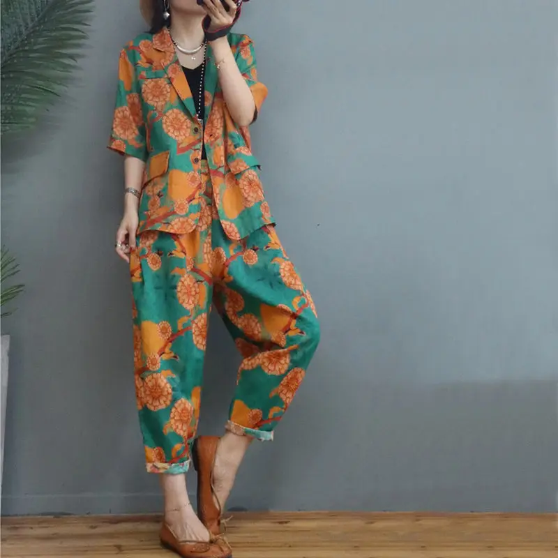 Linen Suit Women 2024 Summer Short Sleeve Korean Floral Printed Cotton And Linen Blazer Jacket + Harlan Pants 2 Piece Set H1115