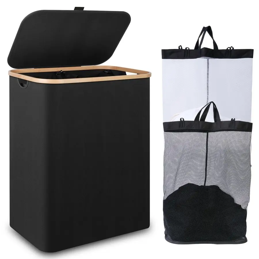 

Laundry Basket with Lid,Large Laundry Hamper with Bamboo Handles, Hampers for Laundry, Dirty Clothes Hamper with 2 Removable Inn