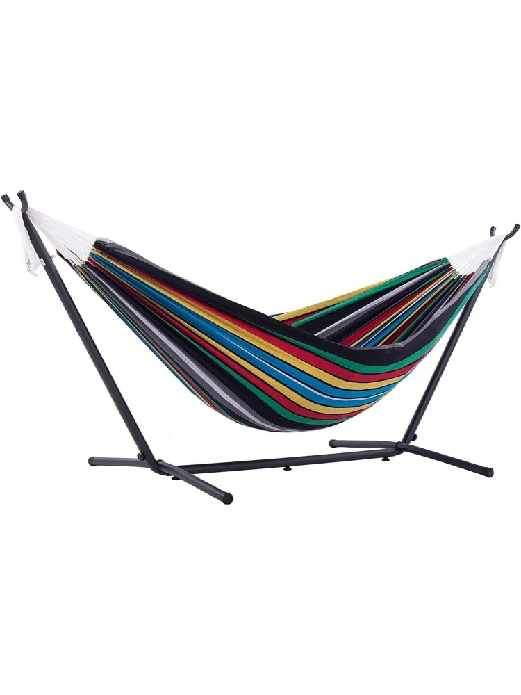 Double Cotton Hammock with Space Saving Steel Stand, Upgraded Polyester End Strings 450 lb Capacity - Premium Carry Bag