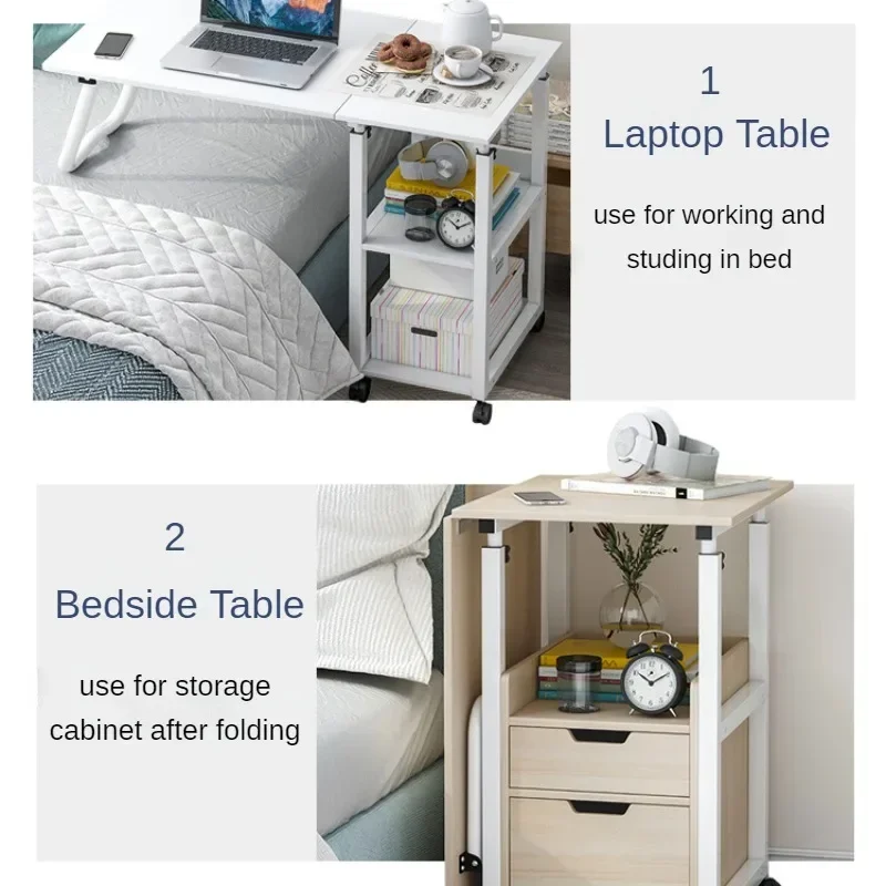 Movable Lift Bedside Table Foldable Laptop Table for Bed Multi-layer Storage Desk Sample Study Desk Versatile Workstation Desk