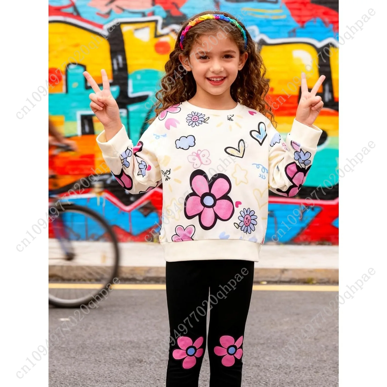 ملابس للفتيات الصغيرات، سويت شيرت مطبوع عليه زهور، قطعتان من ملابس الخريف للفتيات الصغيرات، مقاس 3-7 سنوات