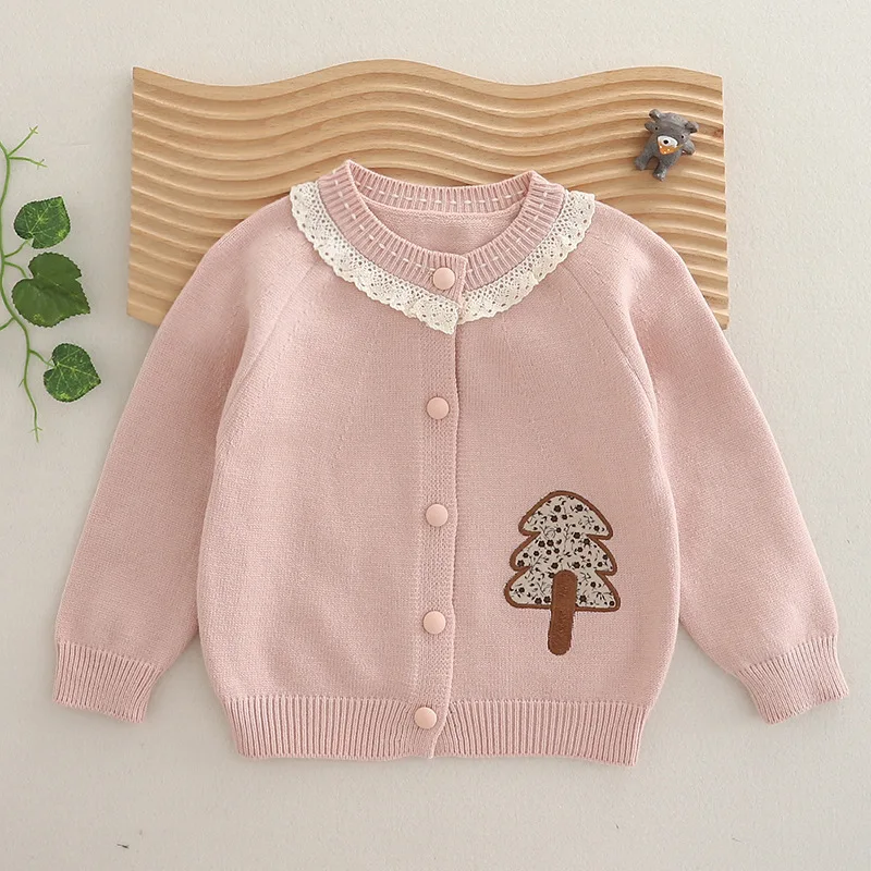 

Girls cardigan 2025 Autumn New Sweater Baby Knitted Lace Collar Jacket