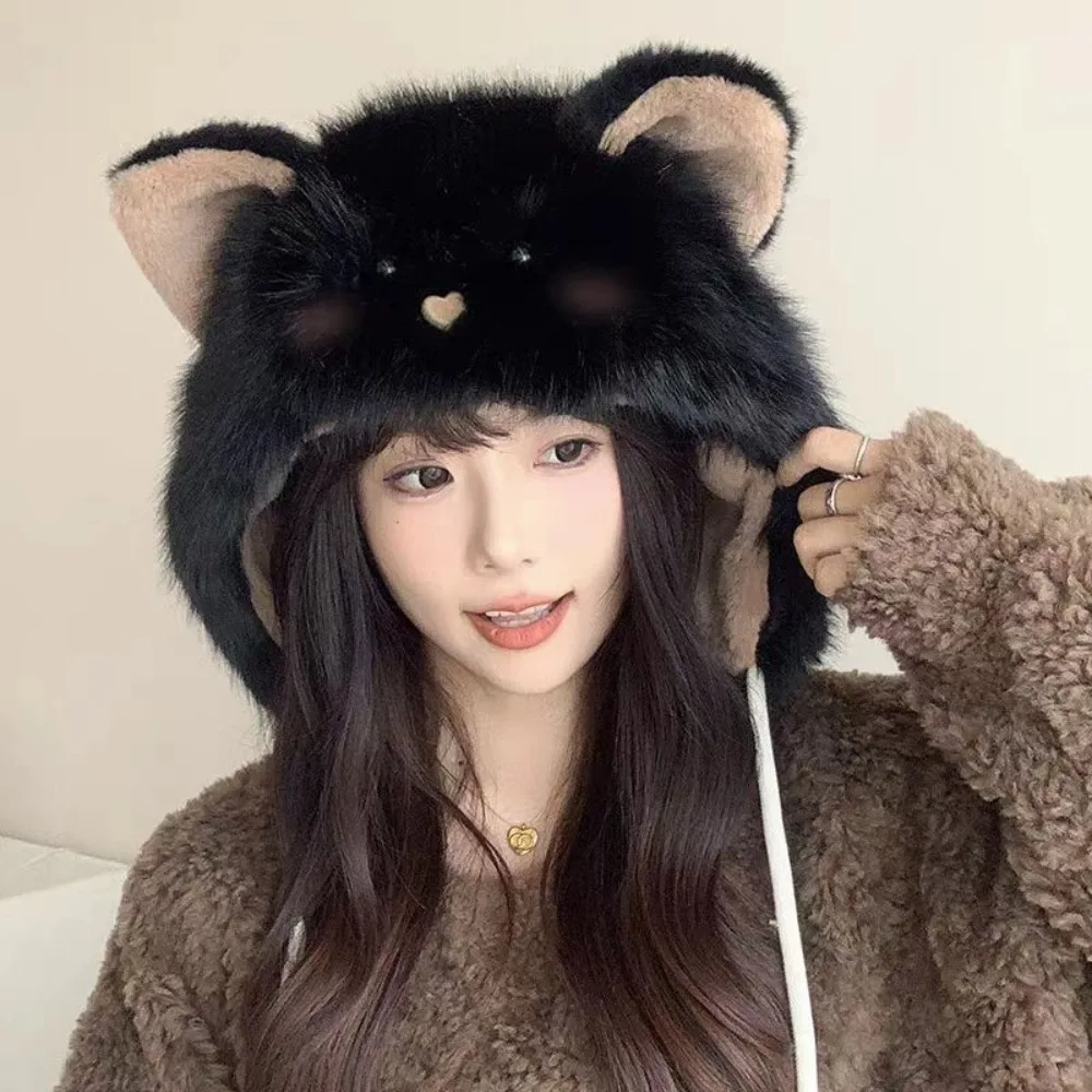 Kawaii Cat Ear Warm Winter Hat Ear Protection Flap Fur Ball Pom Winter Hat Soft Lining Windproof Windproof Winter Cap Women