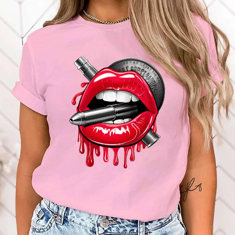 

Women T Shirt Funny Lips Printed T-Shirt Summer Short Sleeved Tops Lips Tops