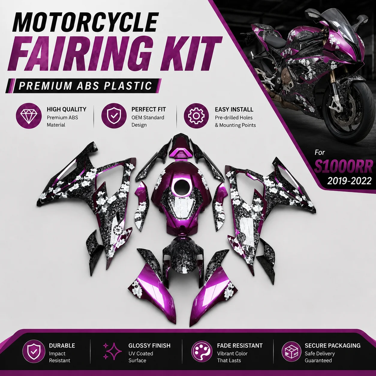 

For BMW S1000RR 2019 2020 2021 2022 Motor Fairing Kit Injection Mold ABS Plastics Bodywork S1000 RR Cowling Frame Cover Parts