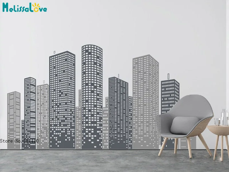 City Skyline Wall Decal Geometric Buildings Silhouettes Removable Vinyl Stickers Removable Custom Colors YT6648