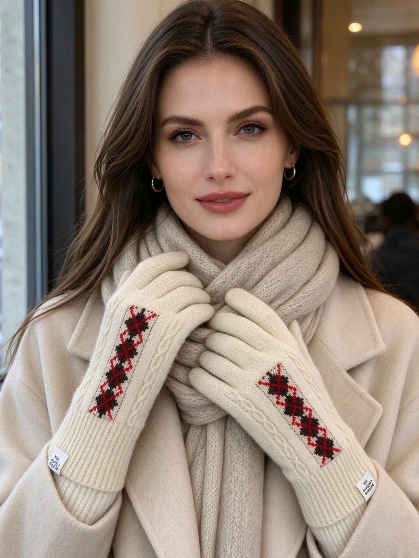 Winter Fair Isle New Year Knitting Gloves for Women Retro Diamond Jacquard Warm Split-Finger Cycling Touchscreen-Friendly