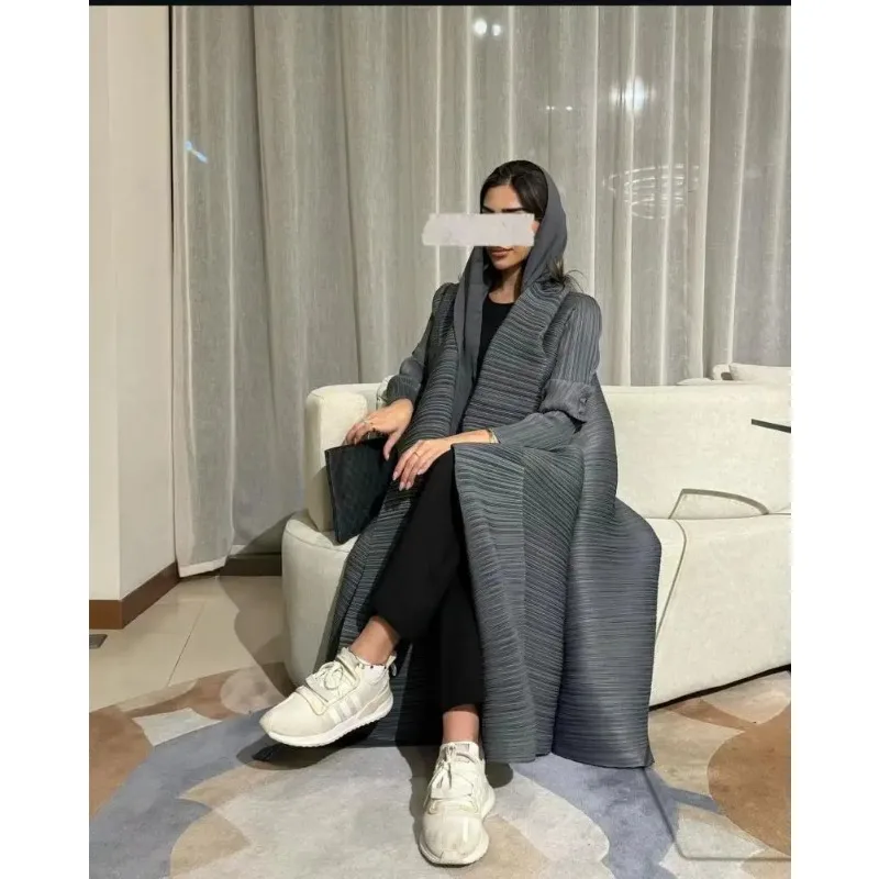 KAF Women Large Size Trench 2025 Spring Autumn New Solid Color Retro Lapel Long-sleeved Lace-up Design Luxury Female Abaya
