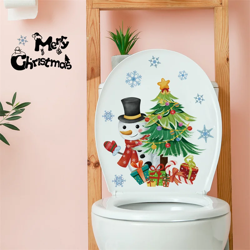 M3 Christmas Gift Snowman  Toilet Sticker Bathroom Toilet Cover Sticker Wall Stickers Wc Accessories Fun For Home  Decoration