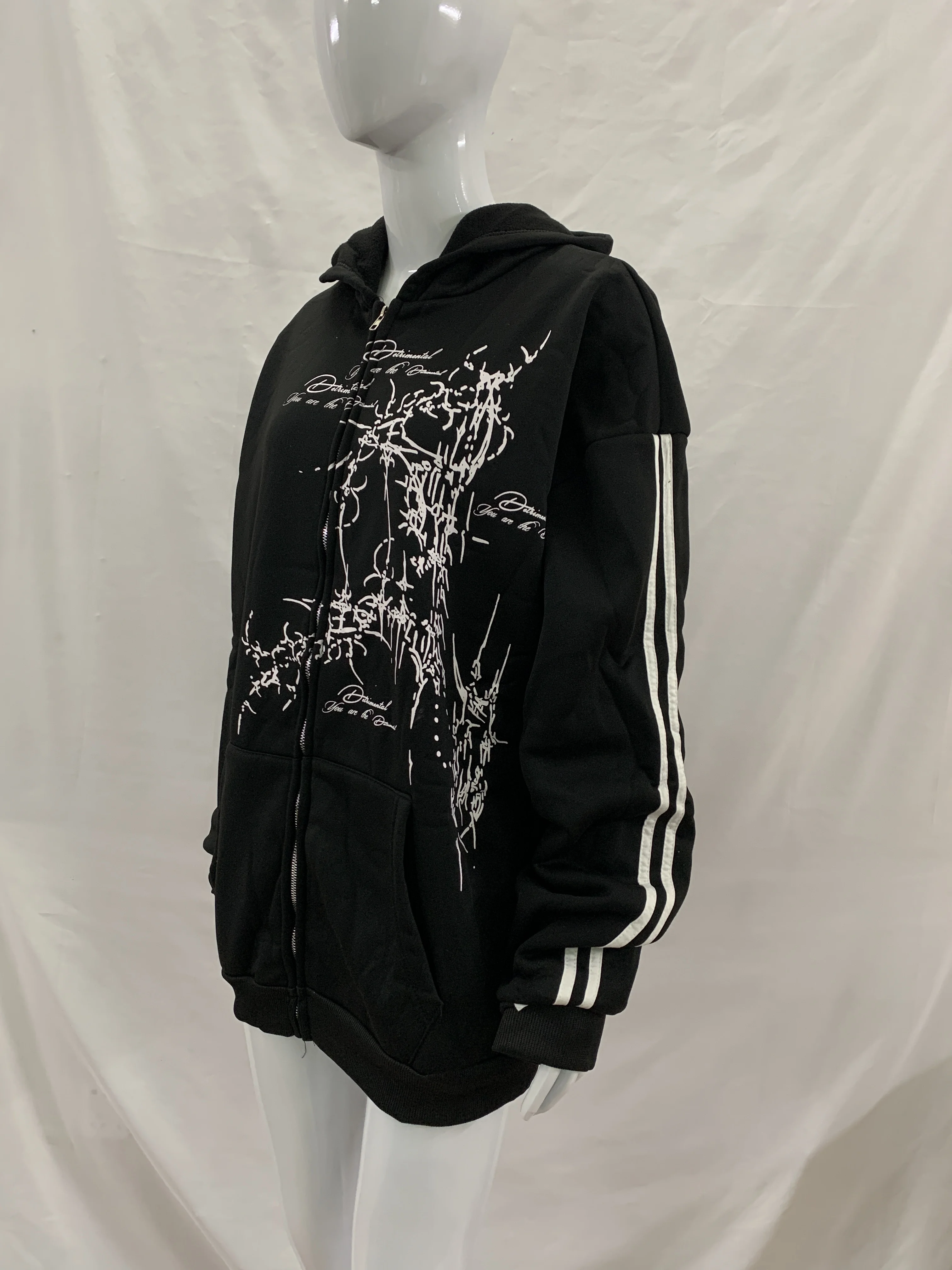 Gothic-Hoodie mit Dornen-Print und seitlichen Streifen, locker geschnitten, Y2K High Street, durchgehender Reißverschluss, Freizeitjacke für Damen und Herren – Detail 9