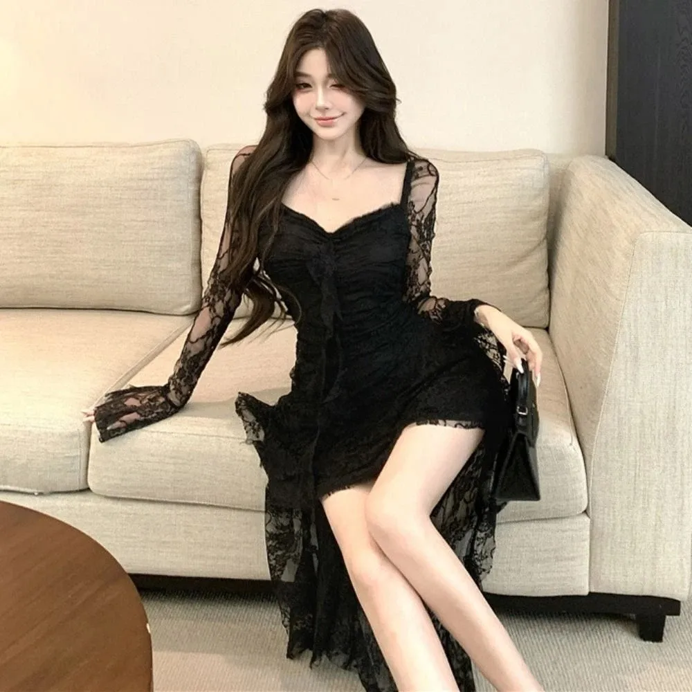 Elegante malha flor renda borla vestido babados borda renda transparente plissado vestido irregular a linha doce vestido de renda feminino festa