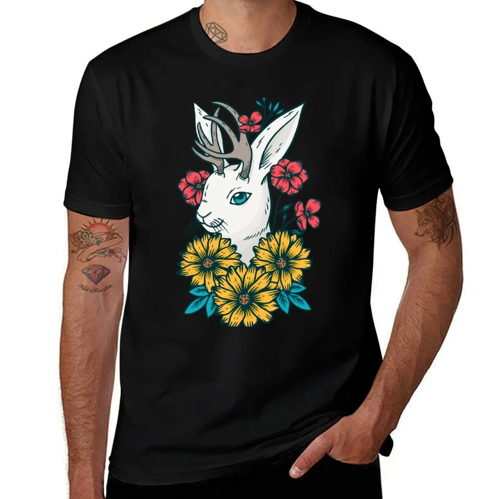 Jackalope Cryptid with Flowers T-Shirt man t shirts high quality luxury brand T-Shirt